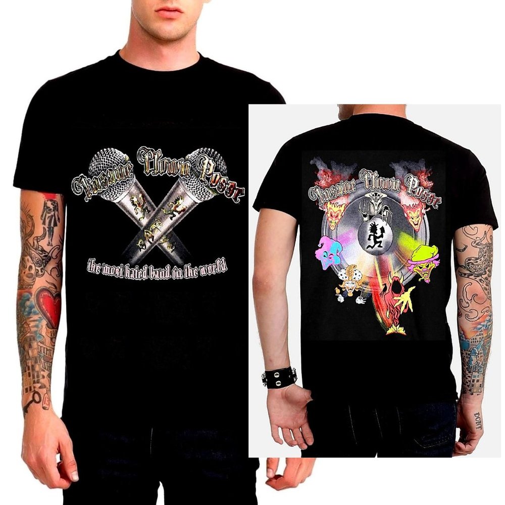 Anvil Black Graphic Microphone Crossback Tee with Colorful Back Art